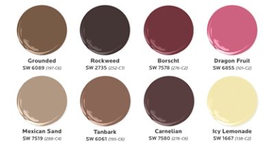 Eight paint dollop graphics featuring the Sherwin-Williams colors Grounded, Rockweed, Borscht, Dragon Fruit, Mexican Sand, Tanbark, Carnelian, and Icy Lemonade.