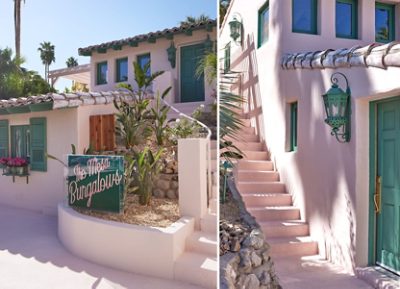 Exterior of the Mesa Bungalows project, a Spanish adobe style home painted Charming by Sherwin-Williams with green doors and windows and a custom neon sign.Exterior of the Mesa Bungalows project, a Spanish adobe style home painted Charming by Sherwin-Williams with green doors and windows and a custom neon sign.