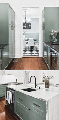 Modern kitchen with green cabinets painted Sherwin-Williams Basil, marble countertop, and dining area visible through a doorway.