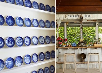 A collection of blue decorative plates on white shelves and a rustic outdoor home bar with nautical decor.