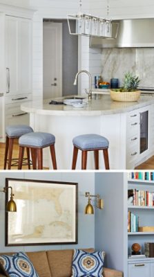Modern kitchen and living room with marble counters, stools, a couch with patterned cushions, and a framed nautical map.