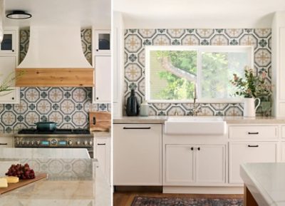 A kitchen with a patterned tile backsplash, cabinetry painted Sherwin-Williams Alabaster, and a large window above a farmhouse sink.