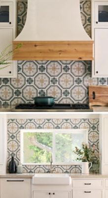 A kitchen with a patterned tile backsplash, cabinetry painted Sherwin-Williams Alabaster, and a large window above a farmhouse sink.