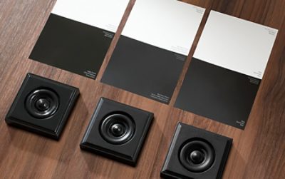 Flat lay shot of chip samples of black and white paint in three different finishes and corresponding painted molding samples on dark wood background.