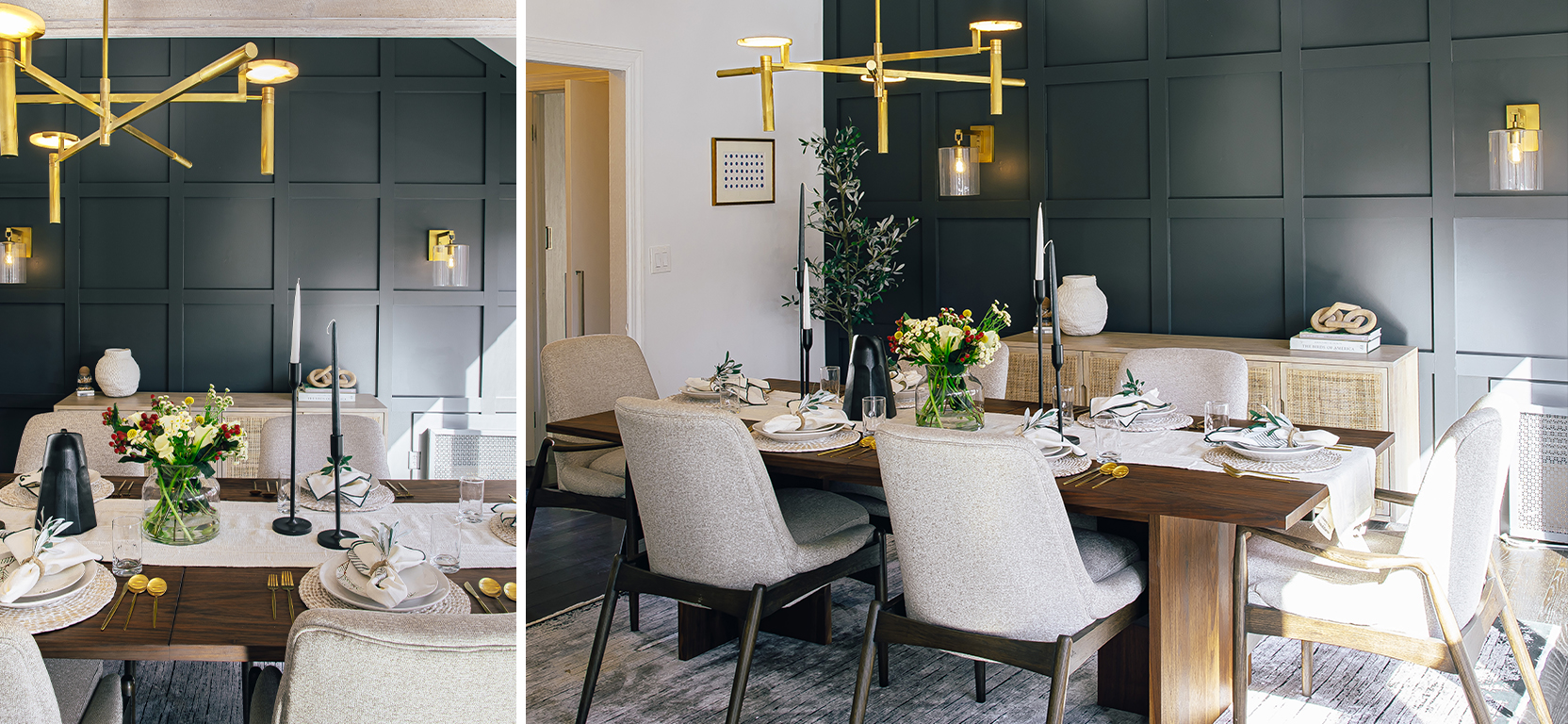 Wood dining table with service for six, modern gold chandelier with light wood sideboard against a dark board and batten statement wall.