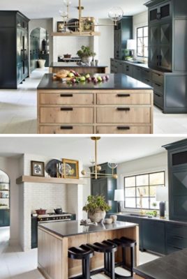 Spacious kitchen with natural wood island with black molded barstools, dark green cabinets, dark countertops and light tile floor.