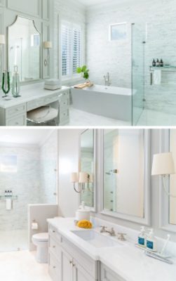 Light gray bathroom with freestanding tub, glass walled shower, vanity area and wide sink cabinetry.