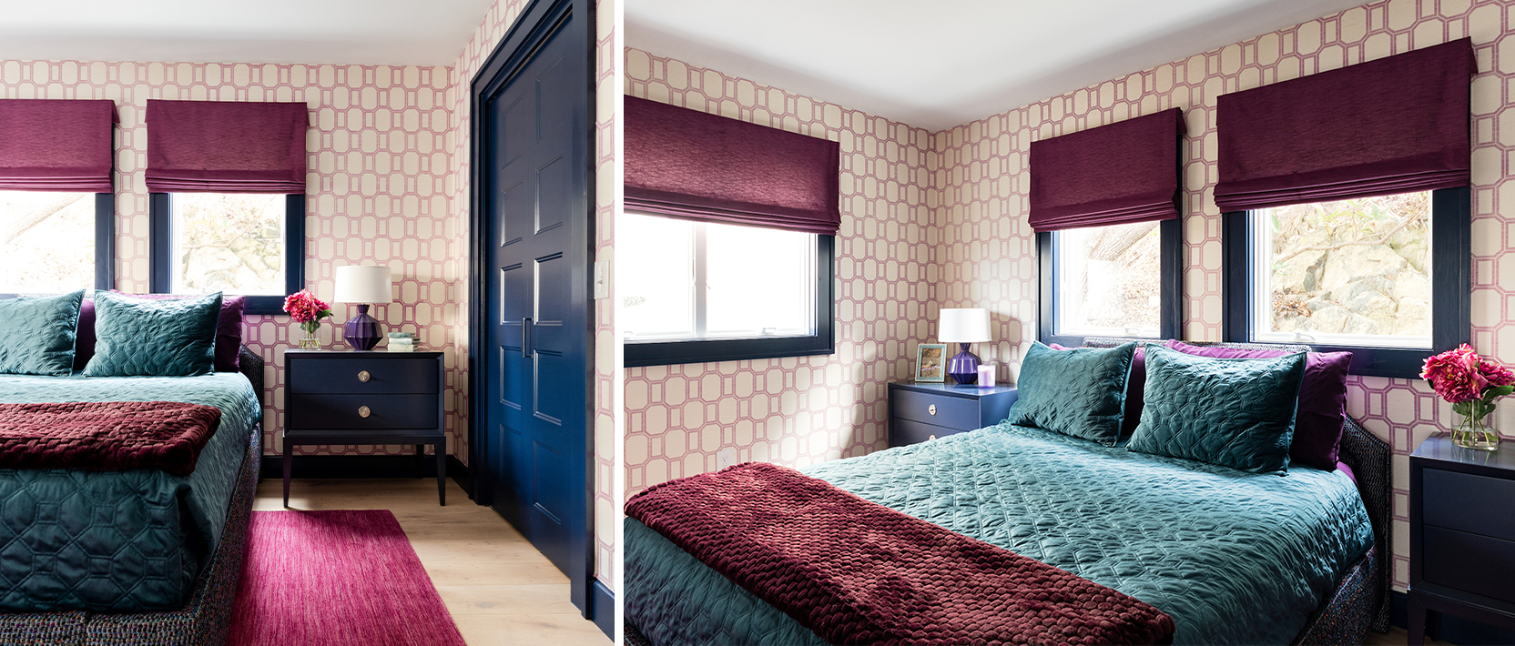 Guest bedroom with patterned wallpaper, teal and maroon bedding and window treatments, and navy painted trim and doors.