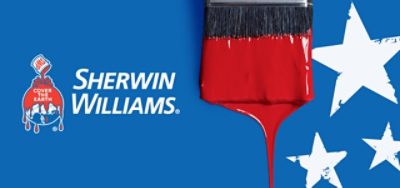 A Sherwin-Williams military banner with red, white and blue designs 