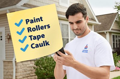 Paint, Rollers, Tape, Caulk. A person in a white short sleeve Sherwin-Williams painter shirt using a cell phone.
