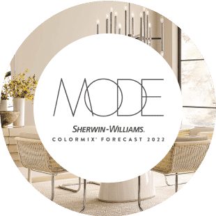 Sherwin-Williams Mode Colormix Forecast 2022 with a circular dining table and light tan walls.
