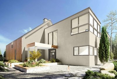 A modern style home with white and wooden exterior and asymmetric roofing.  S-W colors featured: SW 7638, SW 7045, SW 7645