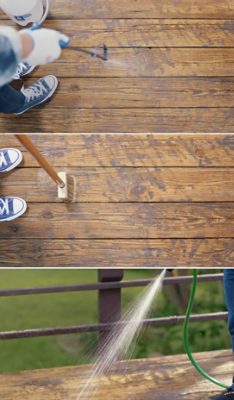 A person spraying a wooden deck before staining