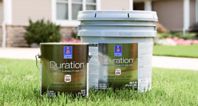 A gallon and 5 gallon bucket of Duration Paint.