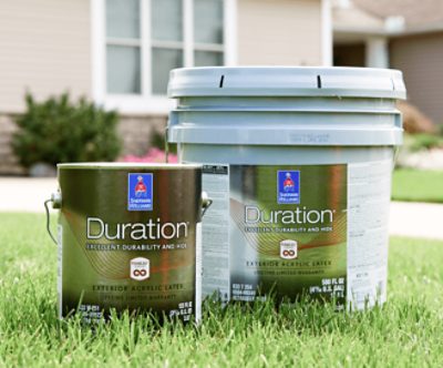 A gallon and 5 gallon bucket of Duration Paint.