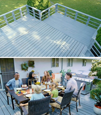 Overhead view of a deck and picnic table set with plates and silverware. S-W featured color: SW 3026 King's Canyon