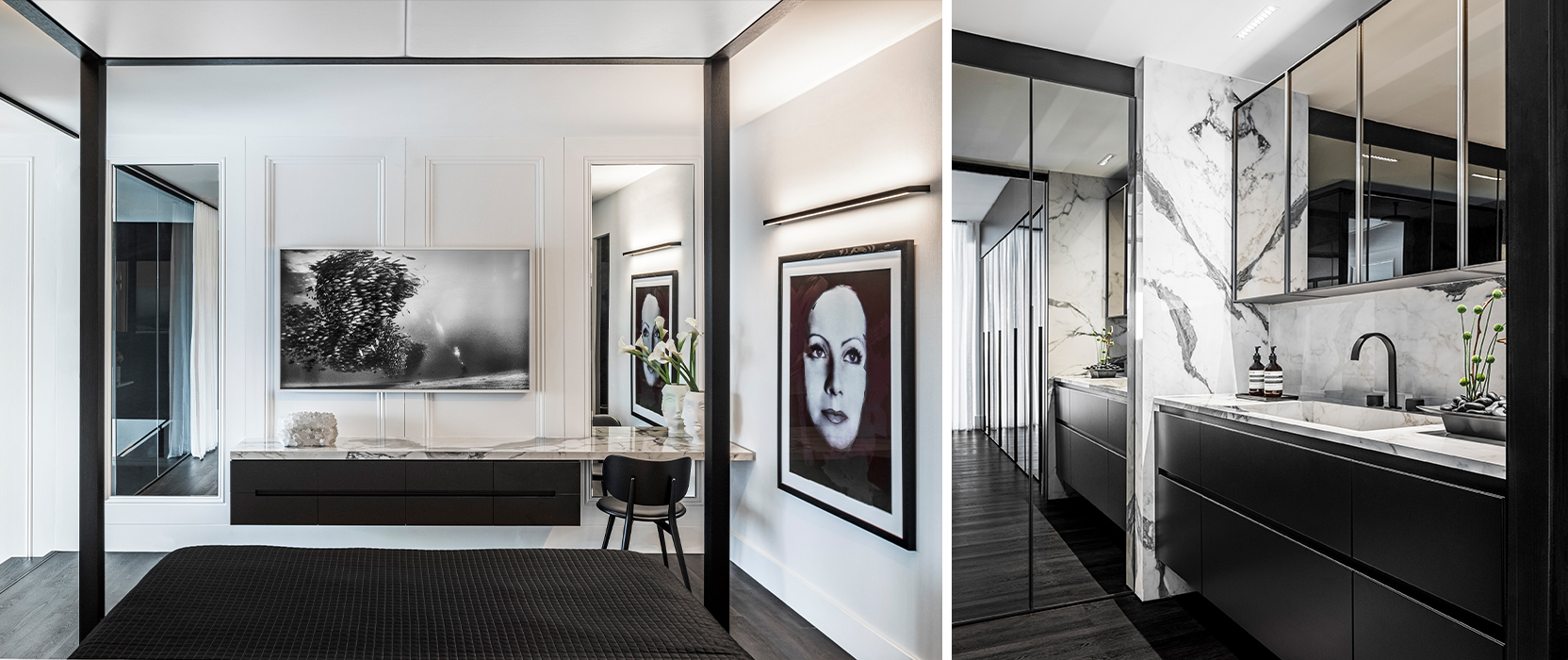 Black and white color scheme throughout residential interior with white walls, black furnishings, black and white photography and wall art, and marble accents.