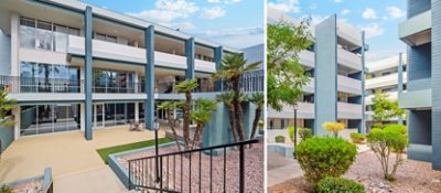 Exterior views of a modern apartment complex with Studio Blue Green and Still Water accents and pillars, painted Silvermist and Drift of Mist exterior walls, with landscaped courtyards featuring palm trees and shrubbery.