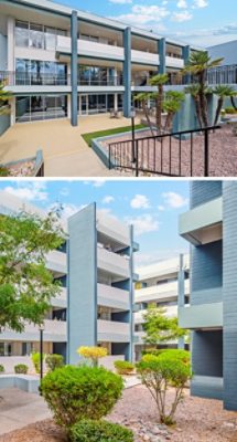 Exterior views of a modern apartment complex with Studio Blue Green and Still Water accents and pillars, painted Silvermist and Drift of Mist exterior walls, with landscaped courtyards featuring palm trees and shrubbery.