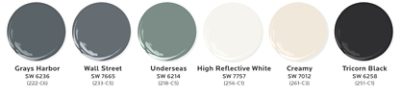 Graphic of six paint dollops in Katie Decker-Erickson’s top exterior paint colors for multi-family design: Grays Harbor, Wall Street, Underseas, High Reflective White, Creamy, and Tricorn Black.