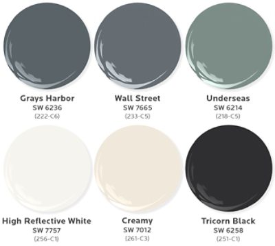 Graphic of six paint dollops in Katie Decker-Erickson’s top exterior paint colors for multi-family design: Grays Harbor, Wall Street, Underseas, High Reflective White, Creamy, and Tricorn Black.