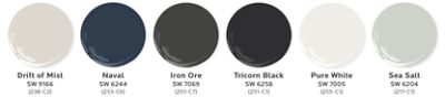 Graphic of six paint dollops in Katie Decker-Erickson’s top interior paint colors for multi-family design: Drift of Mist, Naval, Iron Ore, Tricorn Black, Pure White, and Sea Salt.