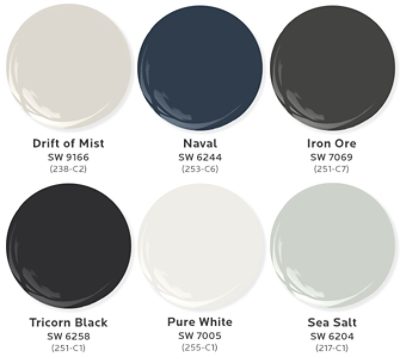 Graphic of six paint dollops in Katie Decker-Erickson’s top interior paint colors for multi-family design: Drift of Mist, Naval, Iron Ore, Tricorn Black, Pure White, and Sea Salt.