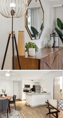 Apartment interior view showing a console table with octagonal mirror above, beside an open-plan kitchen and dining area with a white and stainless steel theme and walls painted in Sherwin-Williams Repose Gray.