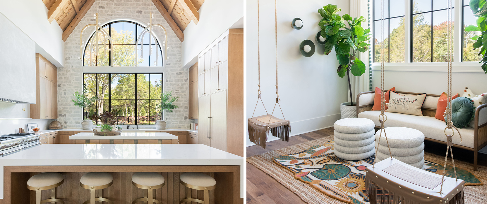 Left image: Beautiful kitchen with high vaulted ceilings, sleek white countertops and island, light wood cabinetry and enormous arched window letting in natural light.  Right image: Sitting area with white-cushioned wood settee flanked by potted tall fiddle leaf fig plants, layered bohemian style rugs and two tasseled leather indoor swings in the foreground.