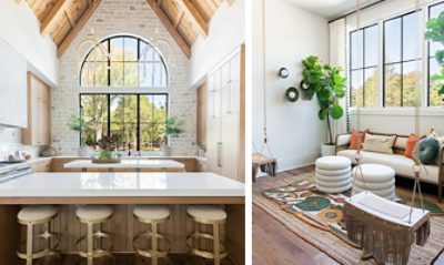 Left image: Beautiful kitchen with high vaulted ceilings, sleek white countertops and island, light wood cabinetry and enormous arched window letting in natural light.  Right image: Sitting area with white-cushioned wood settee flanked by potted tall fiddle leaf fig plants, layered bohemian style rugs and two tasseled leather indoor swings in the foreground.