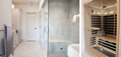 Steam room and view of whole bathroom featuring glassed-in steam shower, heated towel bar, and light gray color scheme.