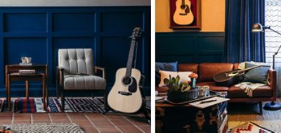 Left image: Two gray tufted chairs with wood frames and a shared accent table situated on woven rugs in front of a board-and-batten wall in a rich blue color, with an acoustic guitar on a stand off to the side.  Right image: Brown leather sofa with throw pillows, blanket and a black acoustic guitar arranged on top, industrial floor lamp and trunk used as a coffee table in foreground.