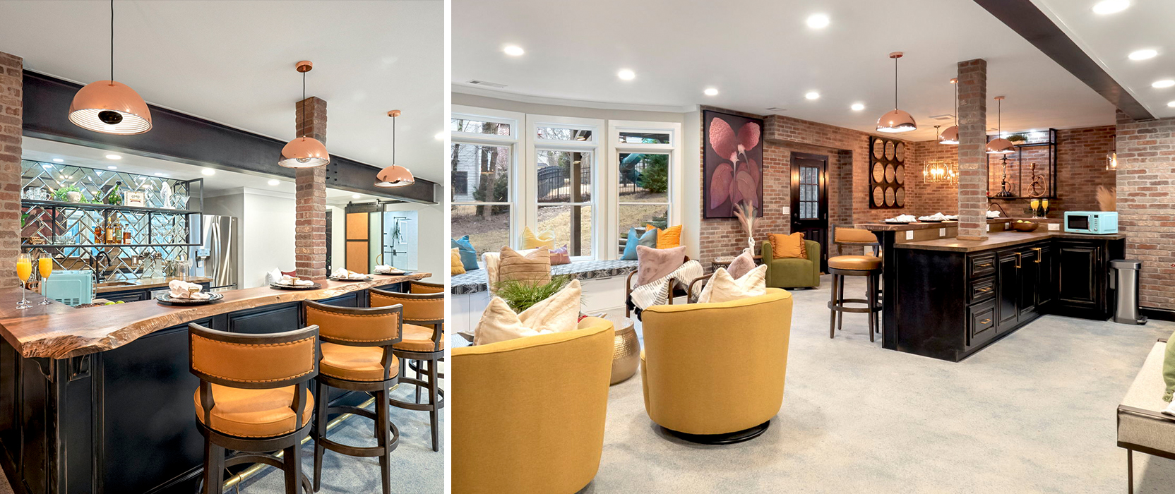 Finished basement with live-edge wood-topped bar, copper pendant lighting, rounded yellow swivel chairs, exposed brick walls and bay window with bench seat.