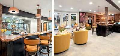 Finished basement with live-edge wood-topped bar, copper pendant lighting, rounded yellow swivel chairs, exposed brick walls and bay window with bench seat.