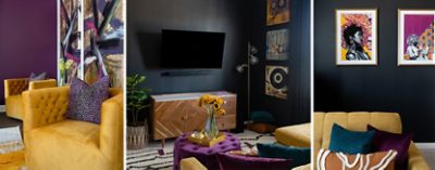 A stylish living room with mustard yellow furniture and purple walls painted Mature Grape, and a moody media room painted Black Magic with abstract paintings on the walls and colorful cushions and furnishings.