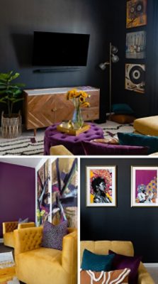 A stylish living room with mustard yellow furniture and purple walls painted Mature Grape, and a moody media room painted Black Magic with abstract paintings on the walls and colorful cushions and furnishings.