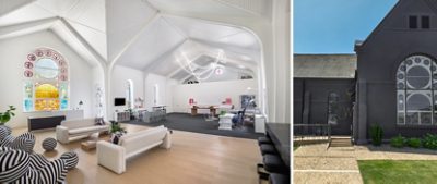 Interior and exterior views of a modern converted church building with stained glass windows, an Iron Ore exterior and Alabaster walls and vaulted ceilings inside.