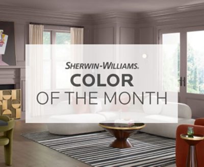 Sherwin Williams Color of the Month text over a living room with Chinchilla SW 6011 painted on the walls.