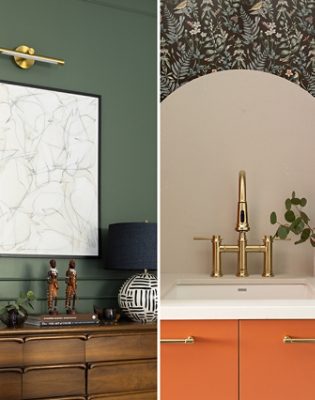 A split image showing an office with a green wall painted Sherwin-Williams Rosemary on the left, and a mudroom sink area with a brass faucet and floral wallpaper on the right.