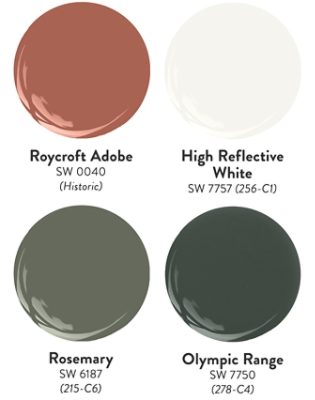 Four paint dollop graphics featuring some of the Sherwin-Williams colors used in Aly and Jason’s home: Roycroft Adobe, High Reflective White, Rosemary, and Olympic Range. 