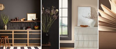 Shown on left, modern kitchen with black and natural wood lower cabinets and open upper shelving with walls painted in Sherwin-Williams Clove, accompanied by inspirational imagery of floral arrangement with similar color scheme. Shown on right, detail of white geometric carved console topped with art and decor in front of walls of Malabar and trim painted Clove, accompanied by inspirational close-up of fanned book pages.