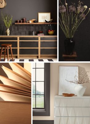 Shown on left, modern kitchen with black and natural wood lower cabinets and open upper shelving with walls painted in Sherwin-Williams Clove, accompanied by inspirational imagery of floral arrangement with similar color scheme. Shown on right, detail of white geometric carved console topped with art and decor in front of walls of Malabar and trim painted Clove, accompanied by inspirational close-up of fanned book pages.