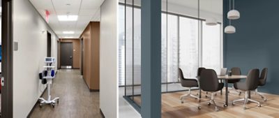 Commercial interiors painted in hues from the Color Capsule of the Year, featuring a medical environment hallway painted Sunbleached and Grounded and an office meeting room painted Rain Cloud.