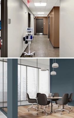 Commercial interiors painted in hues from the Color Capsule of the Year, featuring a medical environment hallway painted Sunbleached and Grounded and an office meeting room painted Rain Cloud.