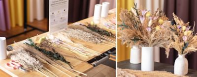 Shown on left, an assortment of dried florals arranged neatly on a wood table in preparation for assembly of a bouquet. Shown on right, three white vases sitting on a dark surface and each containing assembled Forever Floral bouquets.