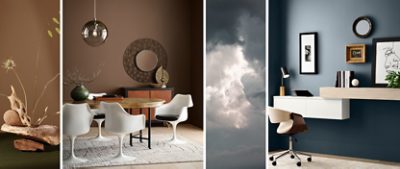 hown on left, an organic still life with driftwood and dried florals, paired with a dining room with round table and white tulip chairs, glass globe pendant light, walls in the color Grounded. Shown on right, a wall-mounted desk space featuring walls painted in the color Rain Cloud, juxtaposed with an image of clouds in a similar color scheme.