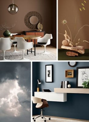 Shown on left, an organic still life with driftwood and dried florals, paired with a dining room with round table and white tulip chairs, glass globe pendant light, walls in the color Grounded. Shown on right, a wall-mounted desk space featuring walls painted in the color Rain Cloud, juxtaposed with an image of clouds in a similar color scheme.