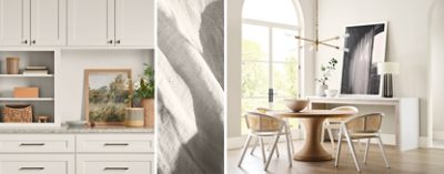 Interiors featuring walls painted in the color Sunbleached, including built-in cabinetry and a dining nook with round wood table and wicker-and-white chairs, juxtaposed with an image of linen in a similar color scheme.