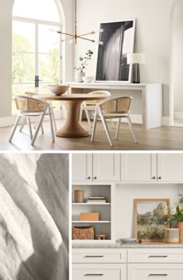 Interiors featuring walls painted in the color Sunbleached, including built-in cabinetry and a dining nook with round wood table and wicker-and-white chairs, juxtaposed with an image of linen in a similar color scheme.