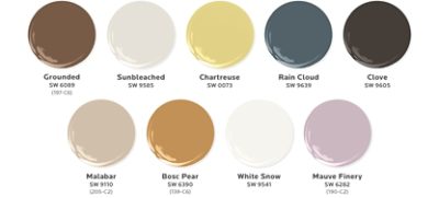 Nine paint dollop graphics depicting the colors of the Color Capsule of the Year coordinating palette: Grounded, Sunbleached, Chartreuse, Rain Cloud, Clove, Malabar, Bosc Pear, White Snow, and Mauve Finery.